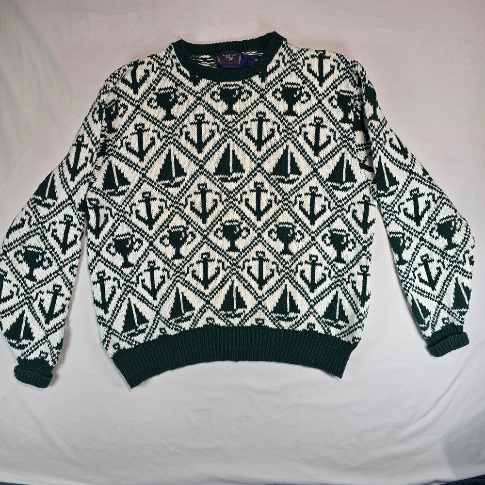 Lake Harmony Rowing Club Vintage Nautical Anchor Sailboat Knit Sweater Green XL